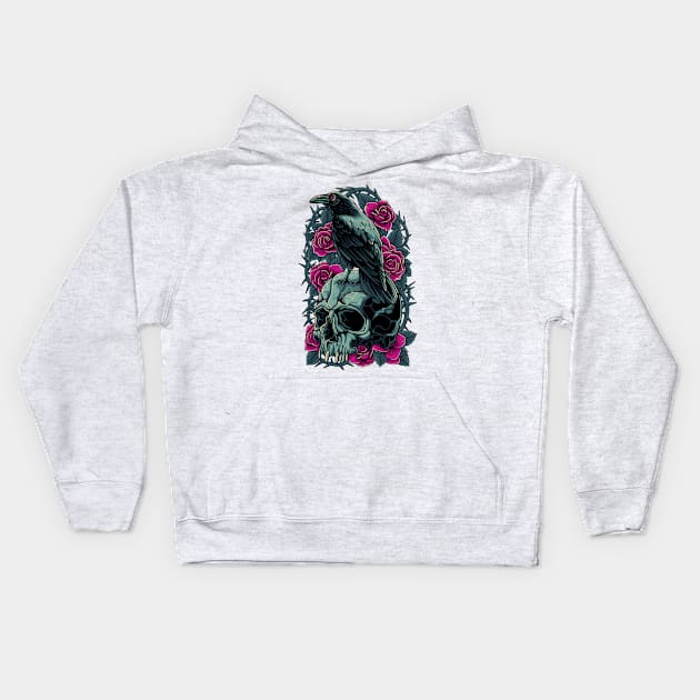 Bird Skull And Thorny Flower Kids Hoodie by Wagum Std